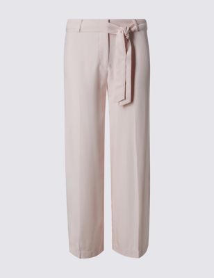 Wide Leg Belted Cropped Trousers